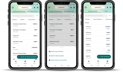 capture d'écran de la plateforme pennylane dans des smartphone avec la page des factures