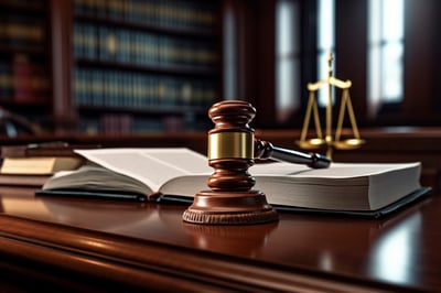 bureau d'avocat avec un marteau de justice sur la table